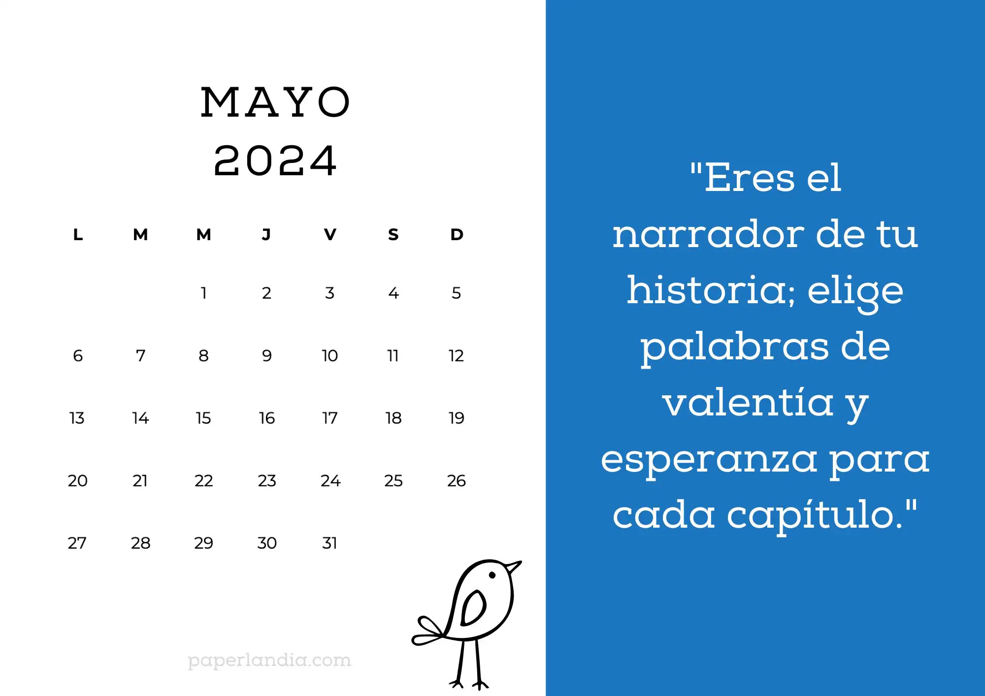 Calendario mayo 2024 horizontal motivacional fondo azul