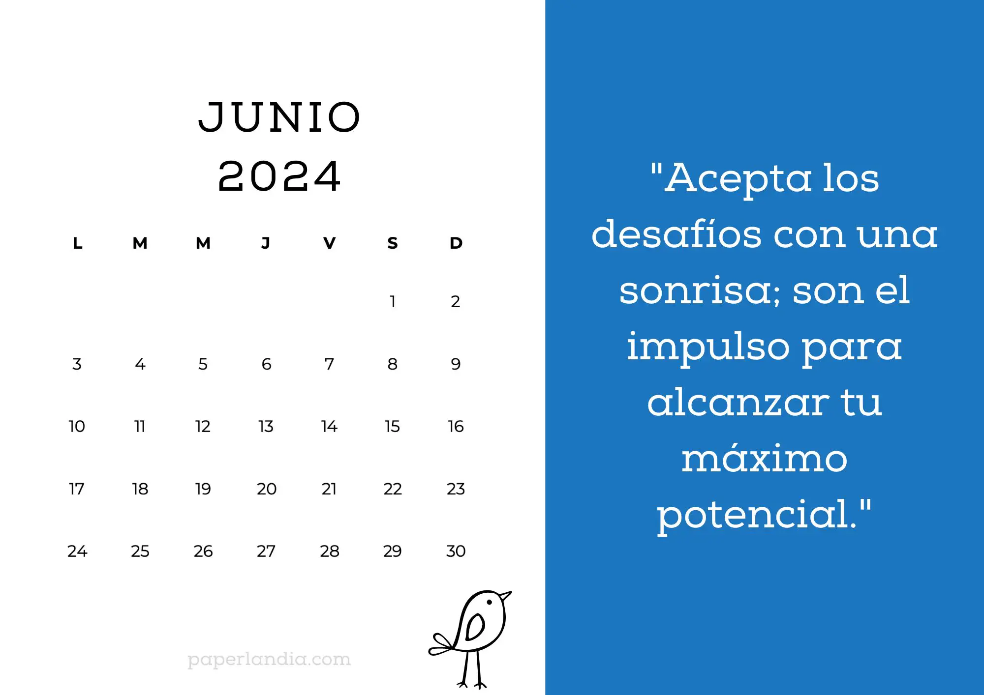 Calendario junio 2024 horizontal motivacional fondo azul