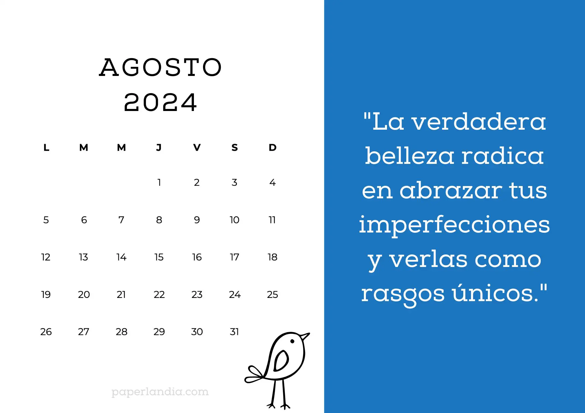 Calendario agosto 2024 horizontal motivacional fondo azul