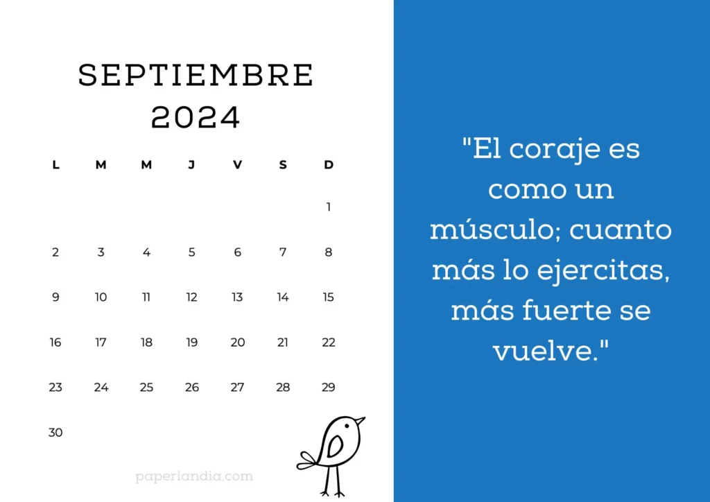 Calendario 2024 mensual horizontal con frases motivacionales, pajarito y fondo azul 