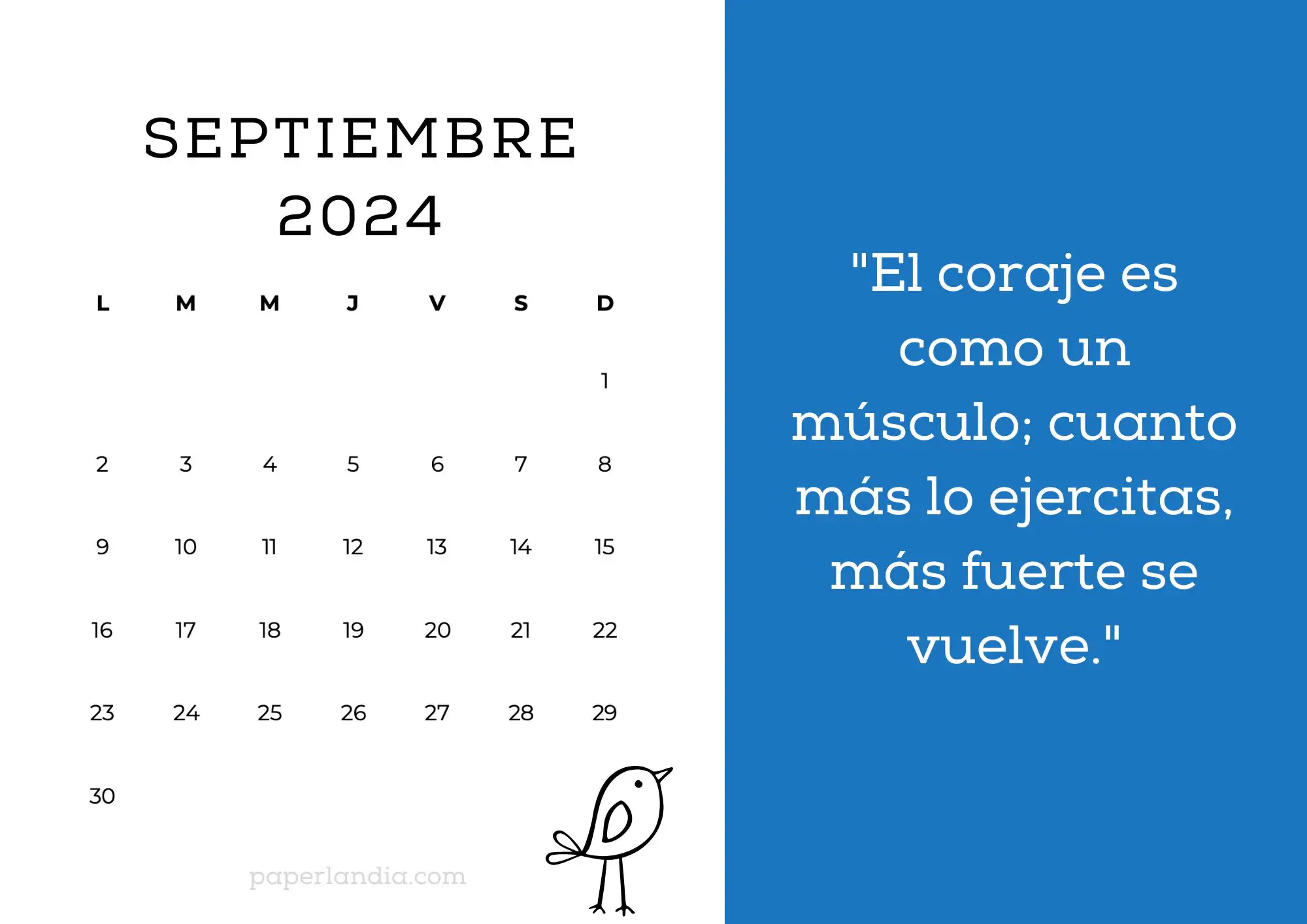 Calendario septiembre 2024 horizontal motivacional fondo azul