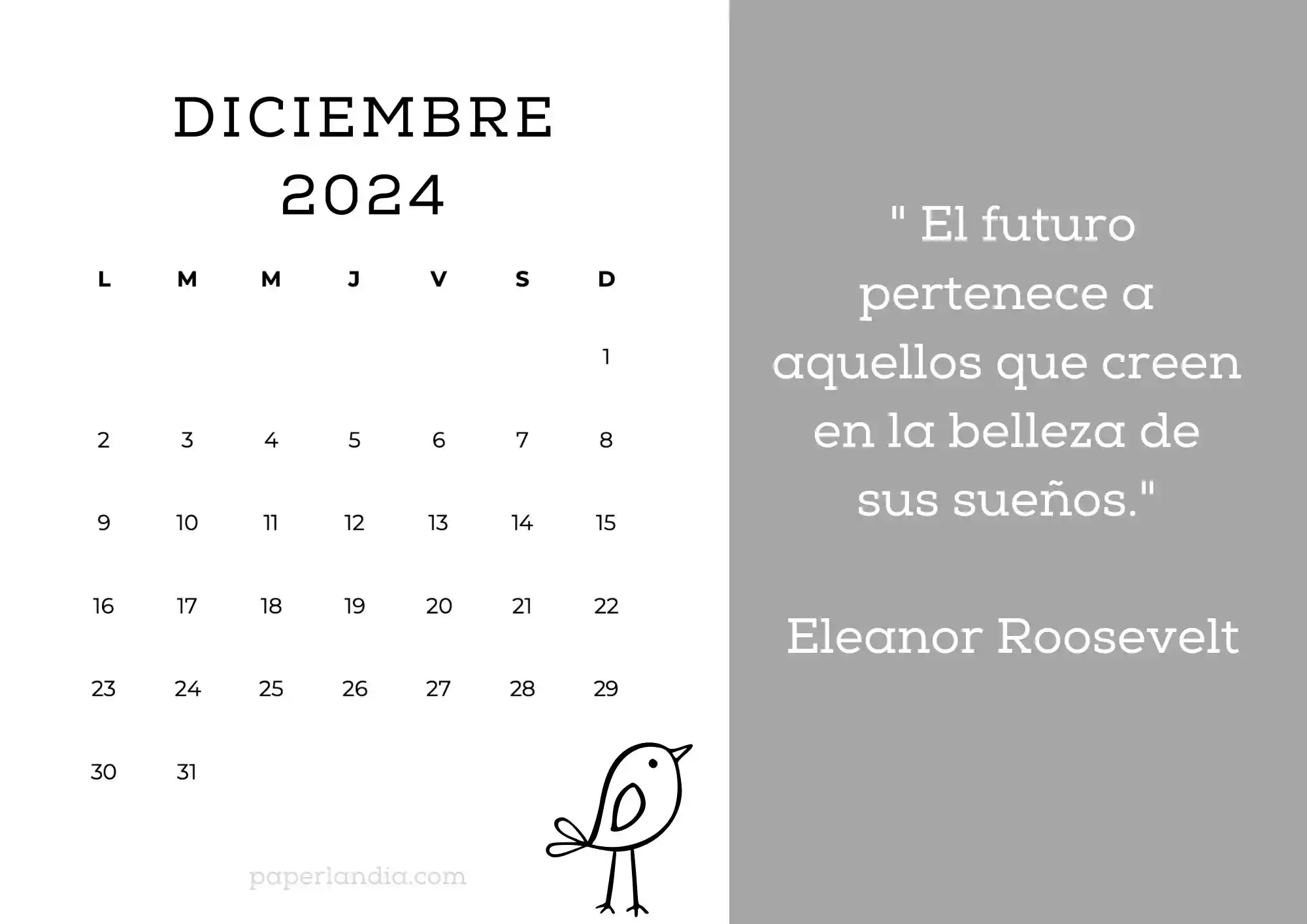 Calendario diciembre 2024 horizontal motivacional fondo gris