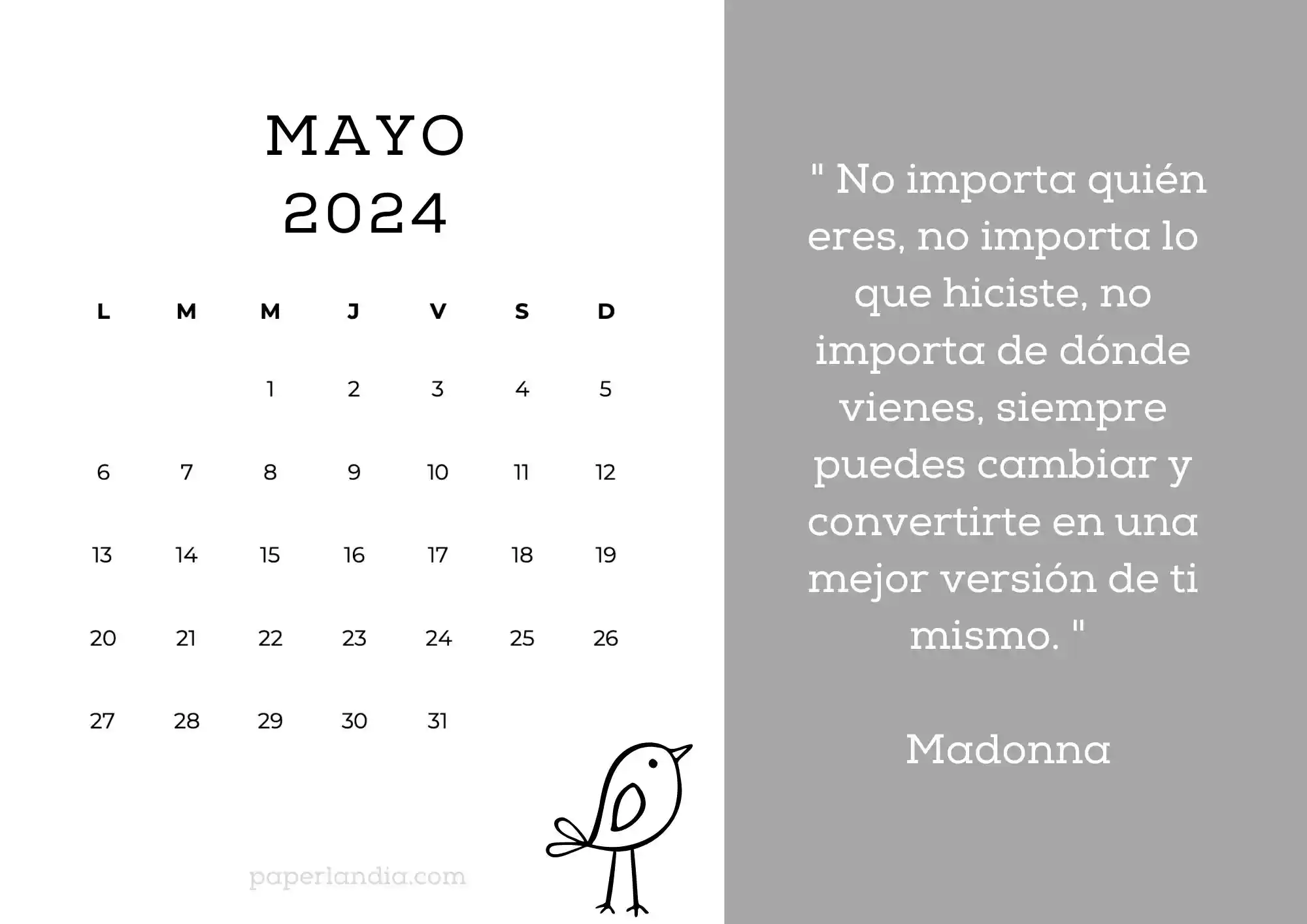 Calendario mayo 2024 horizontal motivacional fondo gris