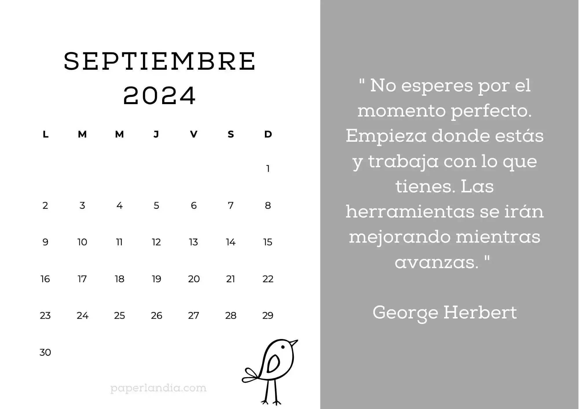 Calendario septiembre 2024 horizontal motivacional fondo gris