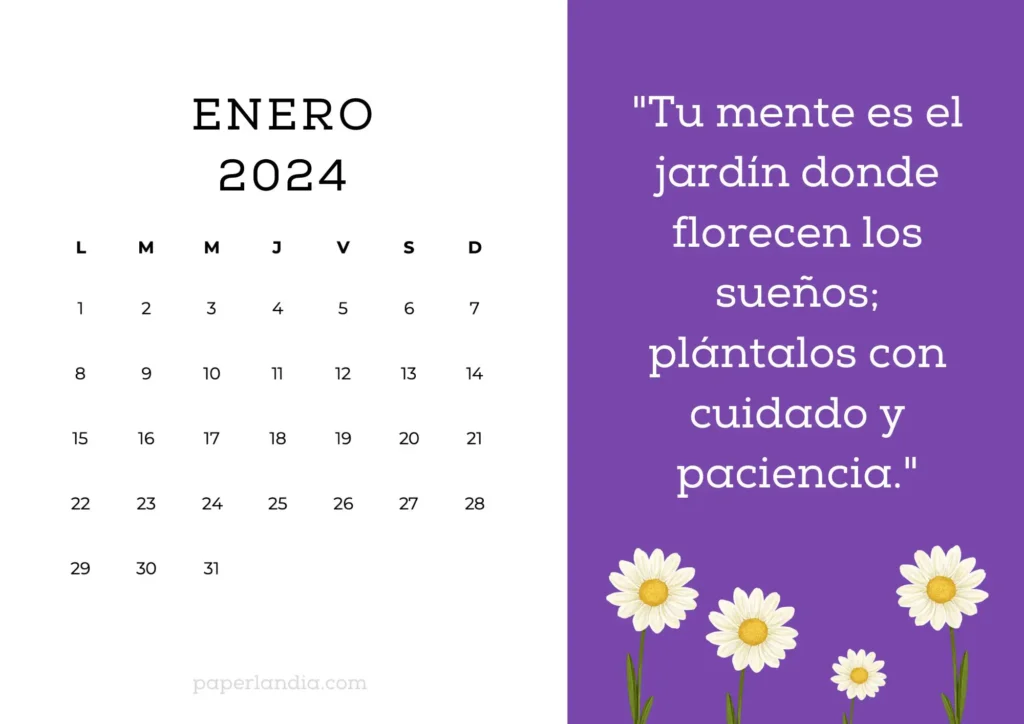 Calendario de Enero 2024 con frase motivacional fondo violeta y margaritas