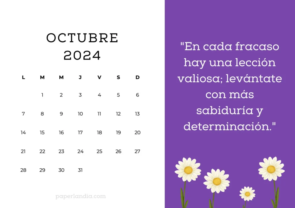 Calendario de Octubre 2024 con frase motivacional fondo violeta y margaritas