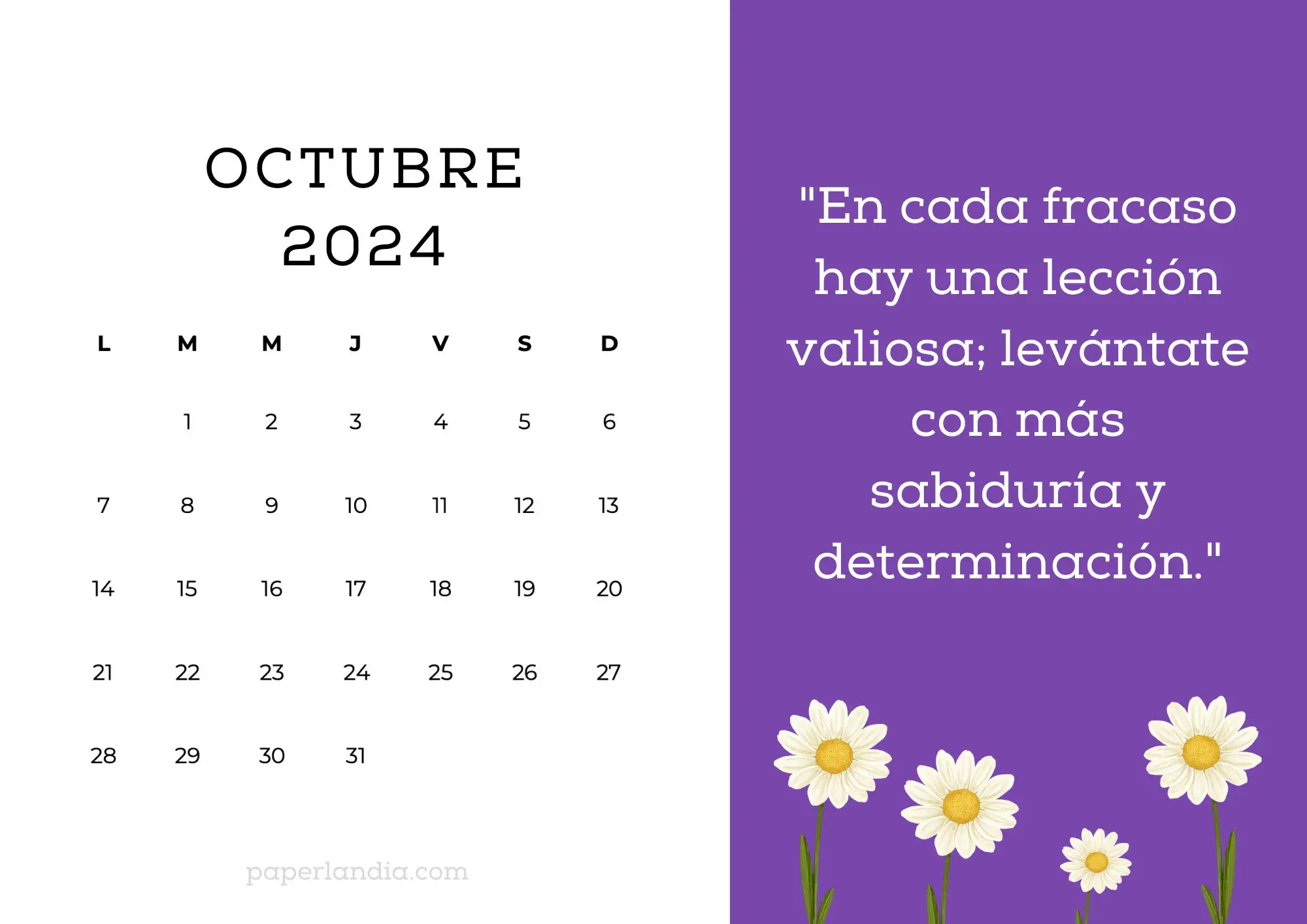 Calendario octubre 2024 horizontal motivacional fondo morado con margaritas