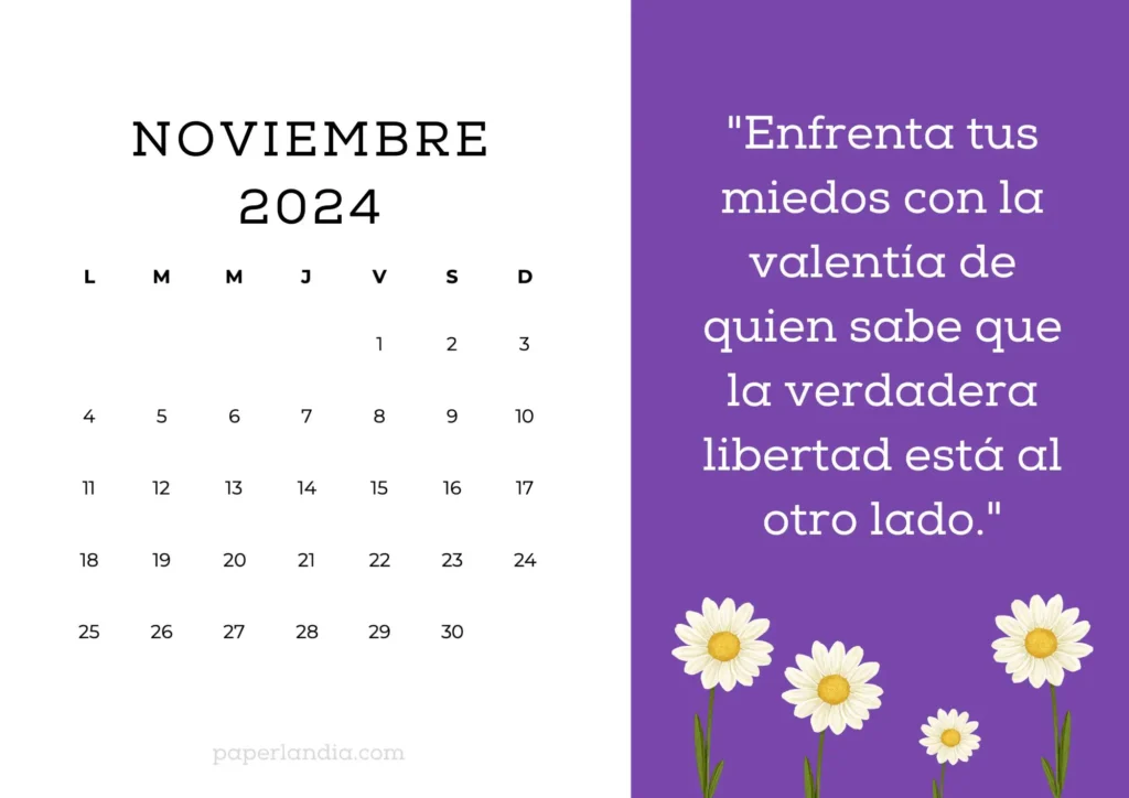 Calendario de Noviembre 2024 con frase motivacional fondo violeta y margaritas