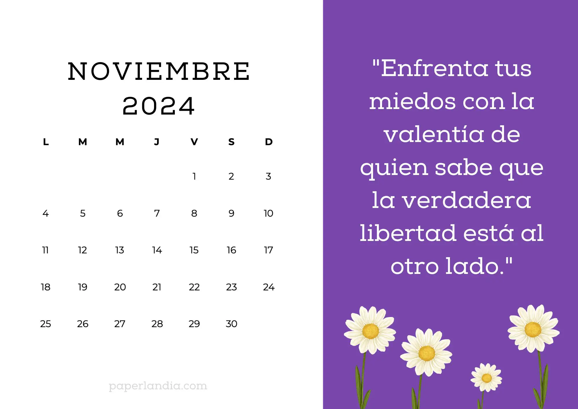 Calendario noviembre 2024 horizontal motivacional fondo morado con margaritas