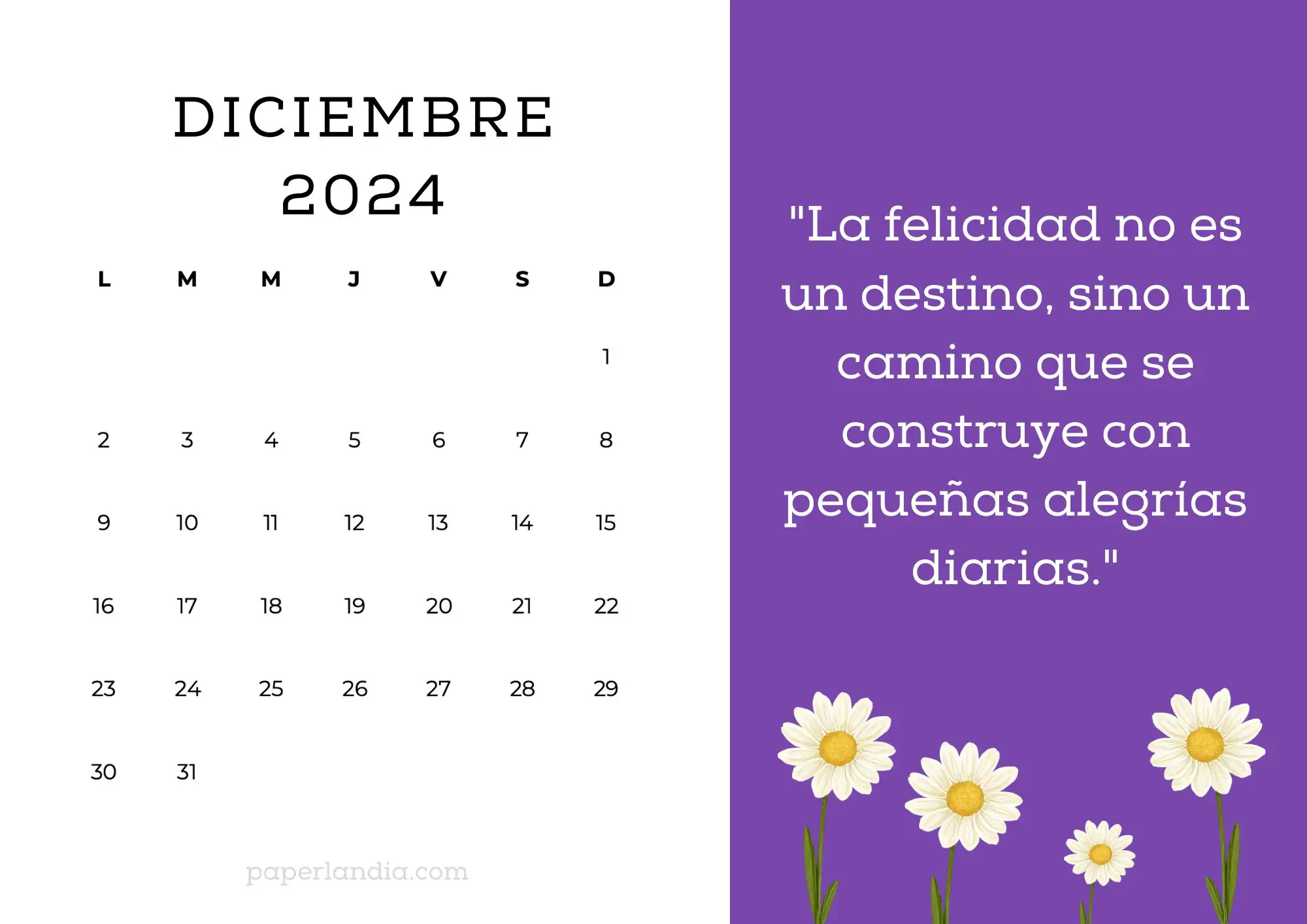 Calendario diciembre 2024 horizontal motivacional fondo morado con margaritas