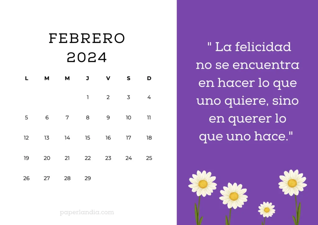 Calendario de Febrero 2024 con frase motivacional fondo violeta y margaritas