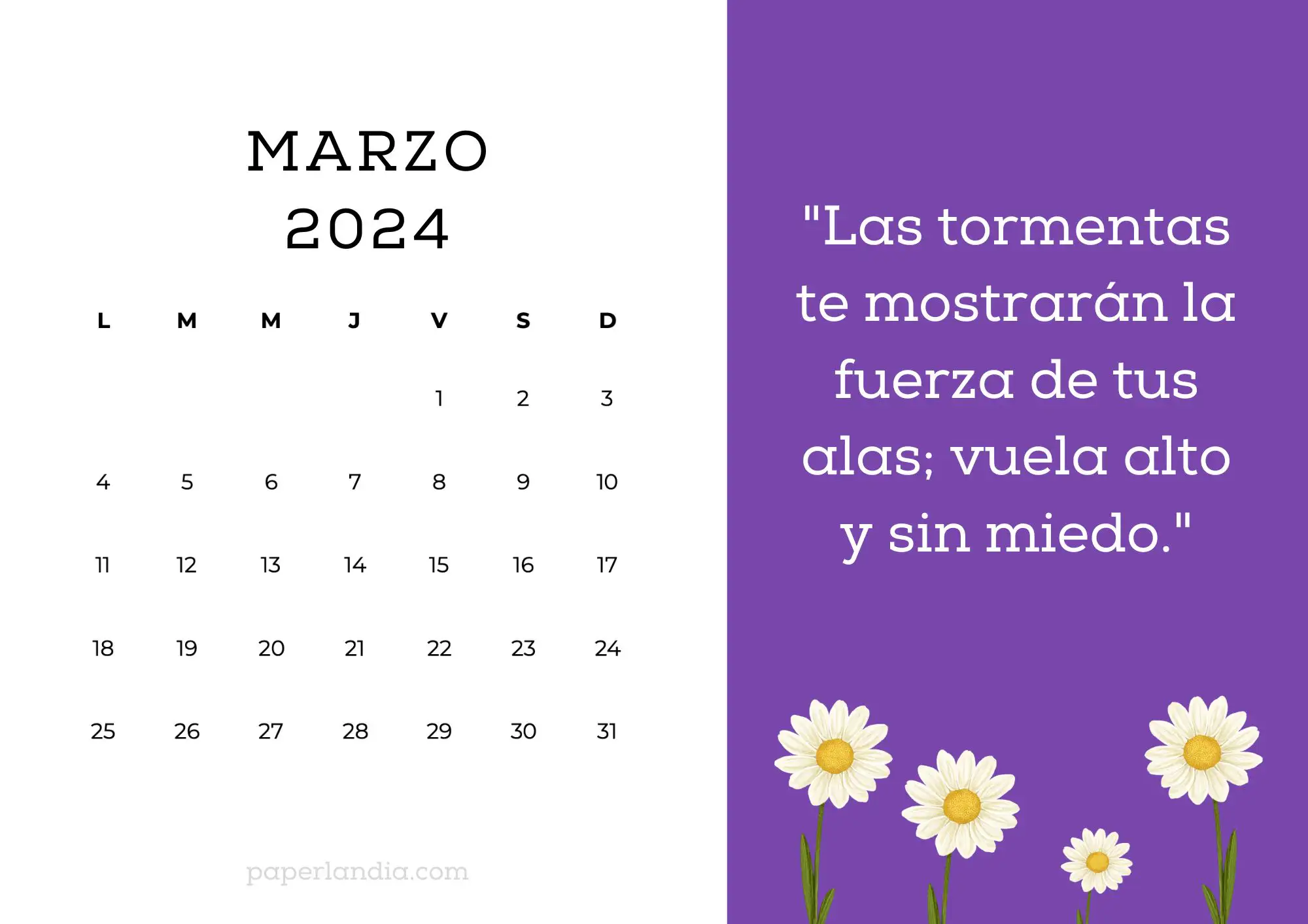 Calendario marzo 2024 horizontal motivacional fondo morado con margaritas