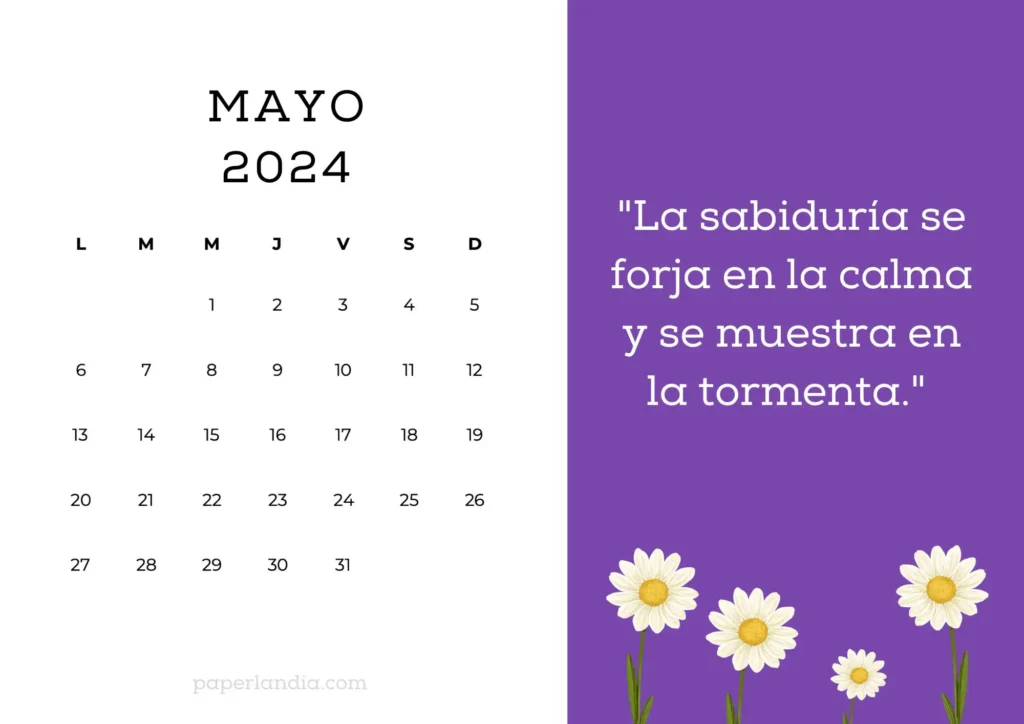 Calendario de Mayo 2024 con frase motivacional fondo violeta y margaritas