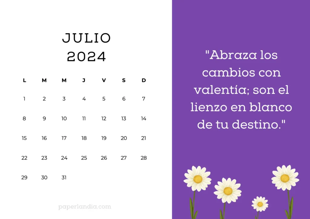 Calendario de Julio 2024 con frase motivacional fondo violeta y margaritas