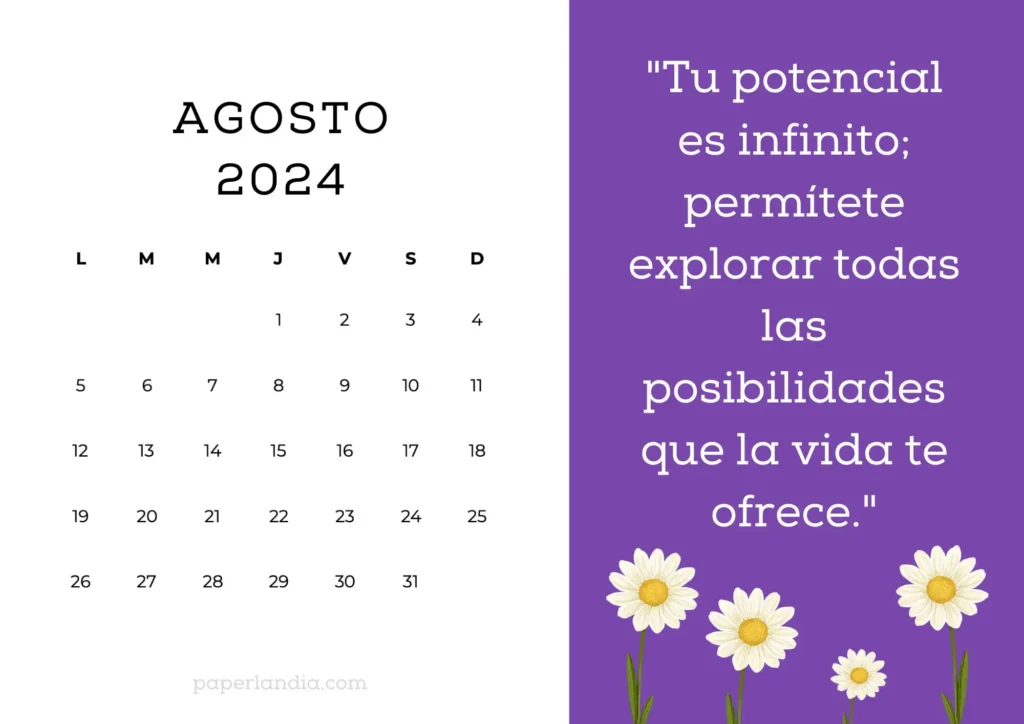 Calendario de Agosto 2024 con frase motivacional fondo violeta y margaritas