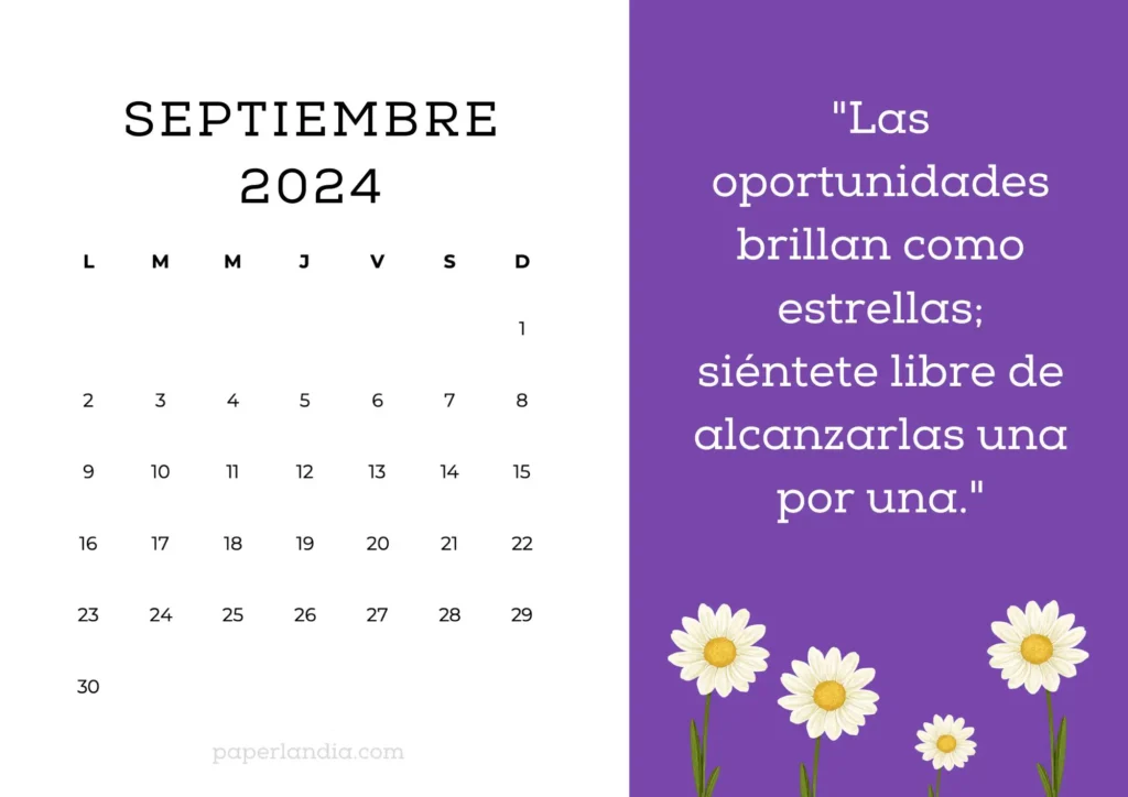 Calendario de Septiembre 2024 con frase motivacional fondo violeta y margaritas