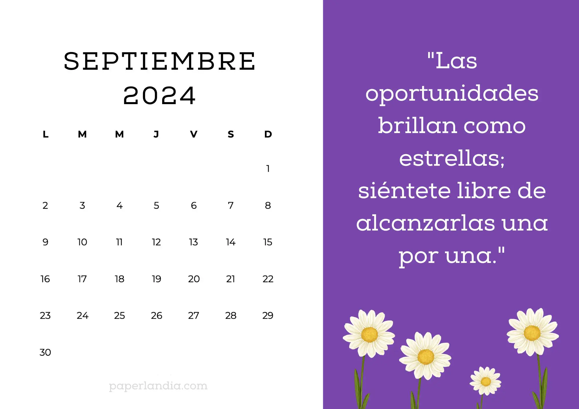 Calendario septiembre 2024 horizontal motivacional fondo morado con margaritas