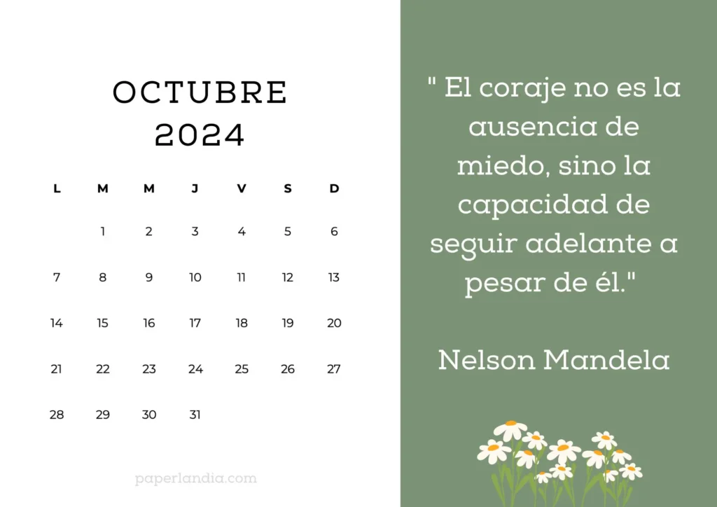 Calendario de octubre 2024 con frase motivacional fondo verde y margaritas