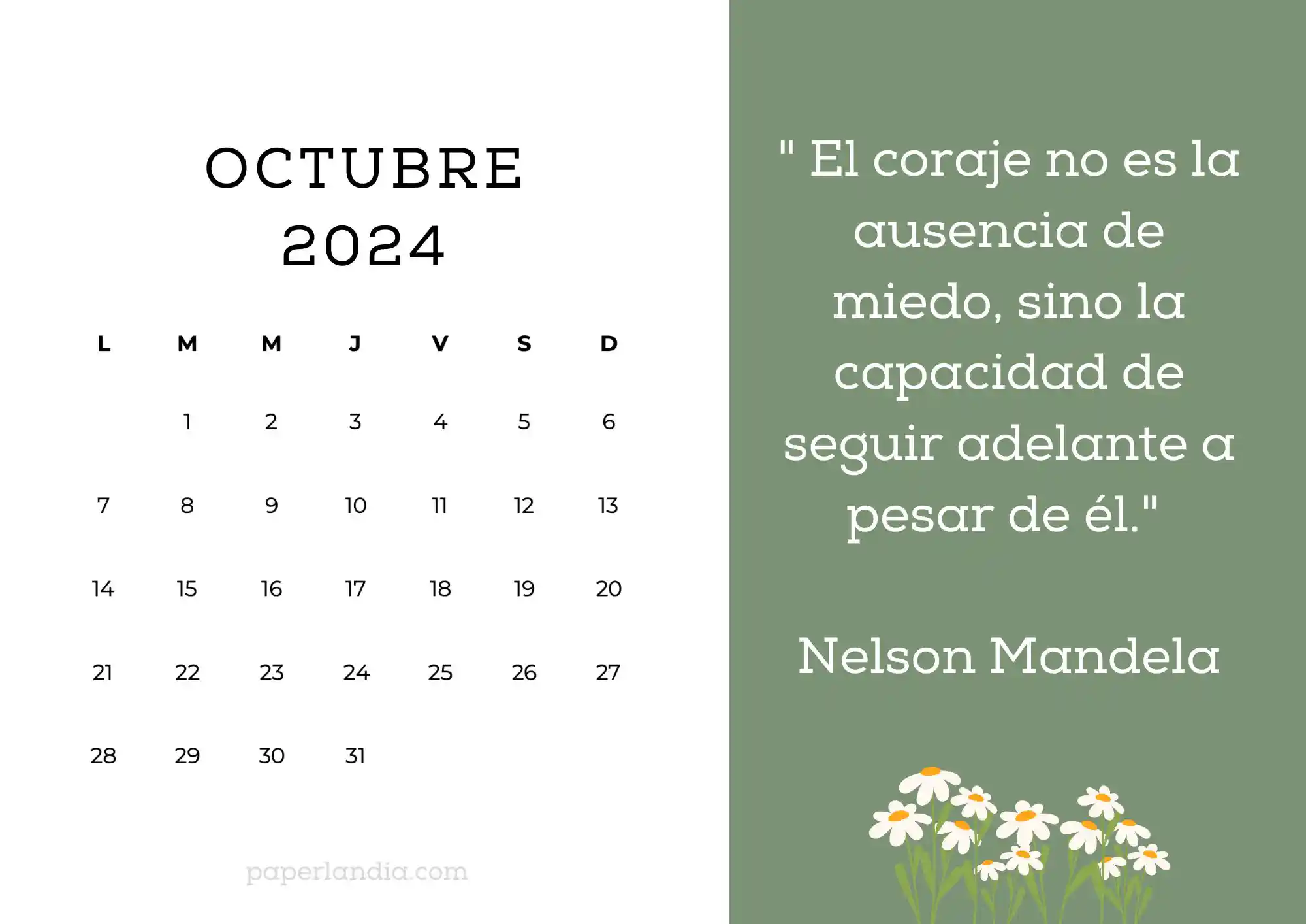 Calendario octubre 2024 horizontal motivacional fondo verde con margaritas
