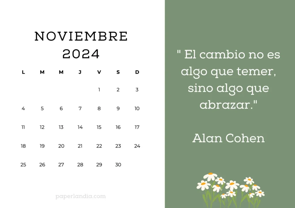 Calendario de noviembre 2024 con frase motivacional fondo verde y margaritas