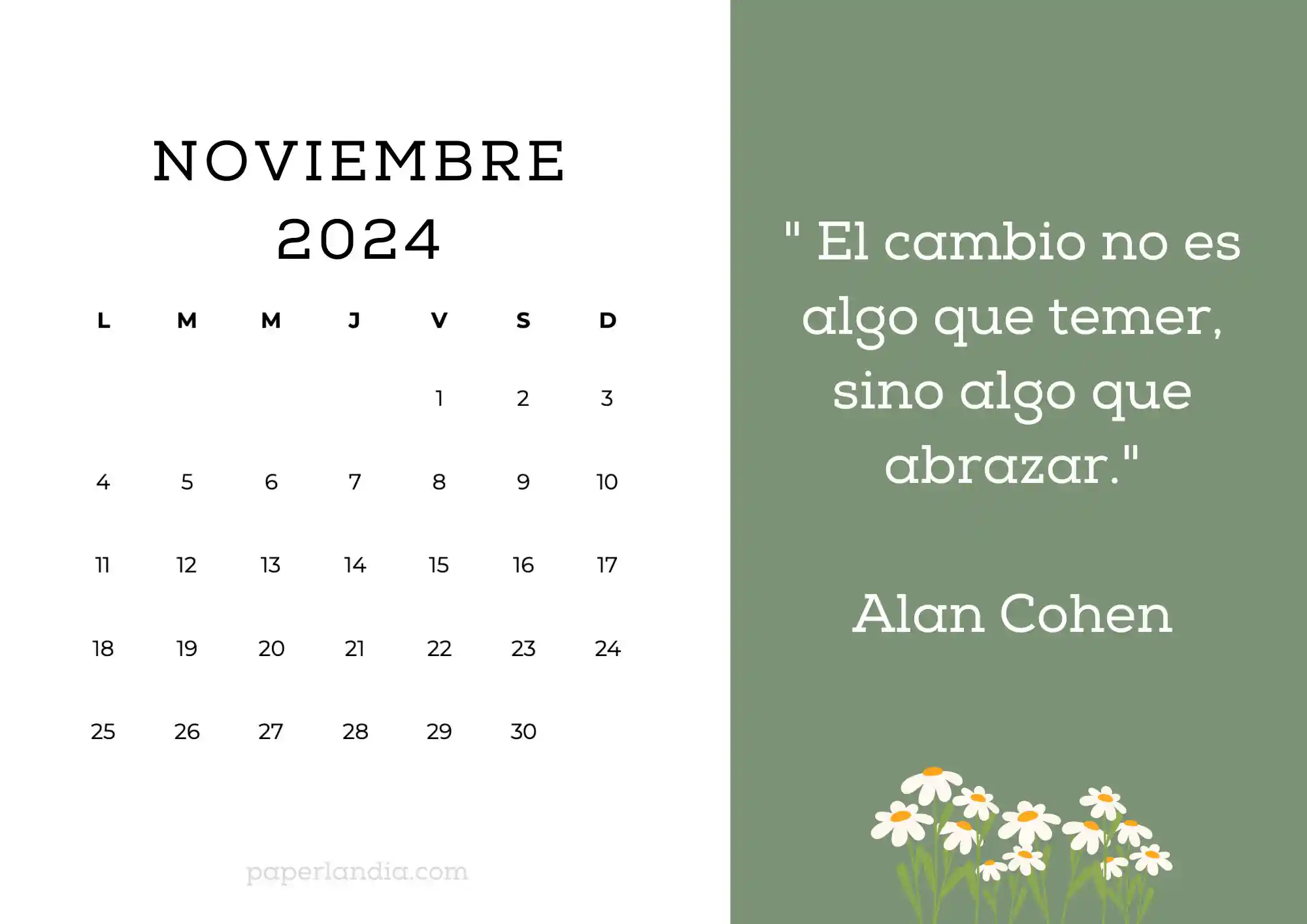 Calendario noviembre 2024 horizontal motivacional fondo verde con margaritas