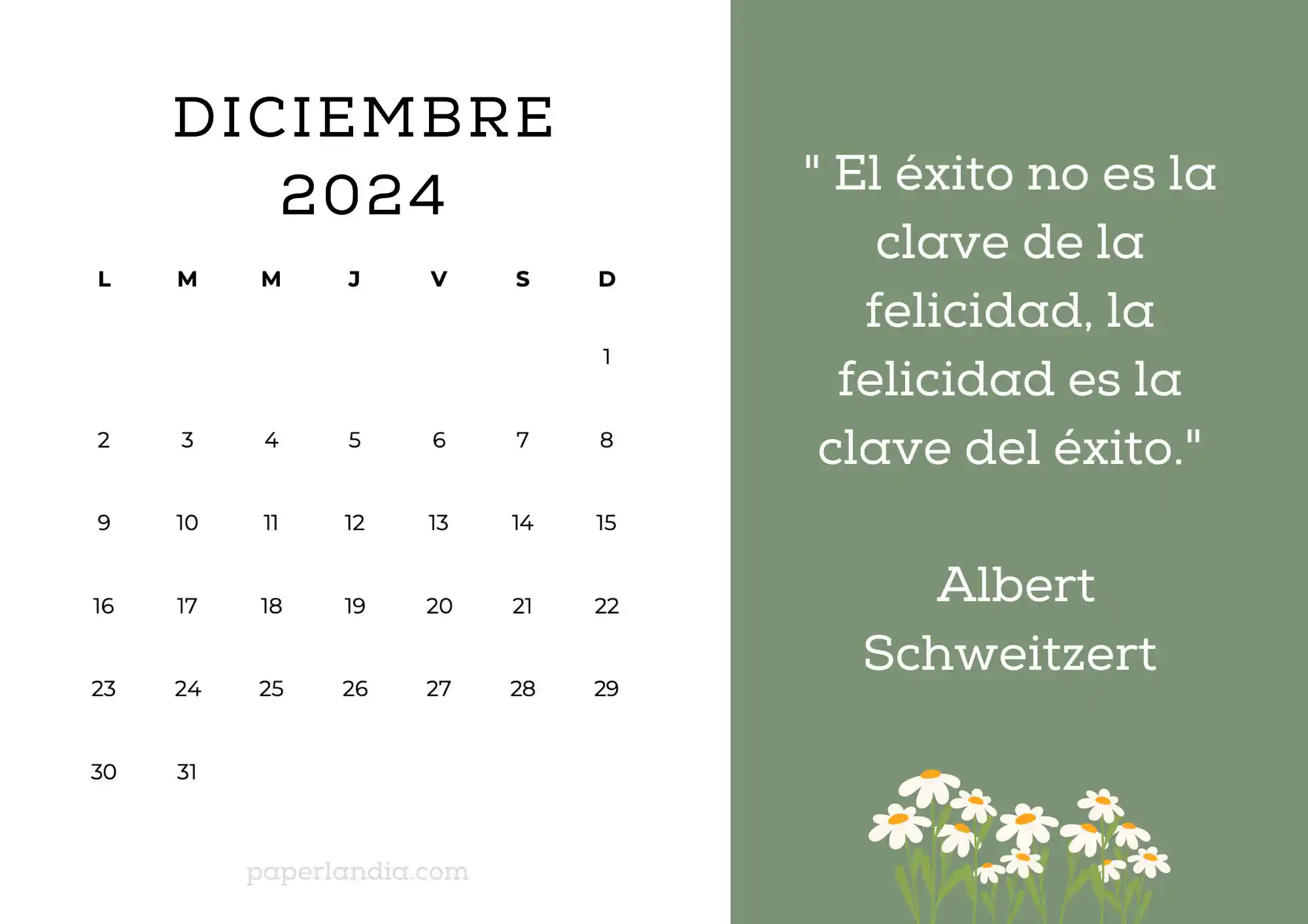 Calendario diciembre 2024 horizontal motivacional fondo verde con margaritas