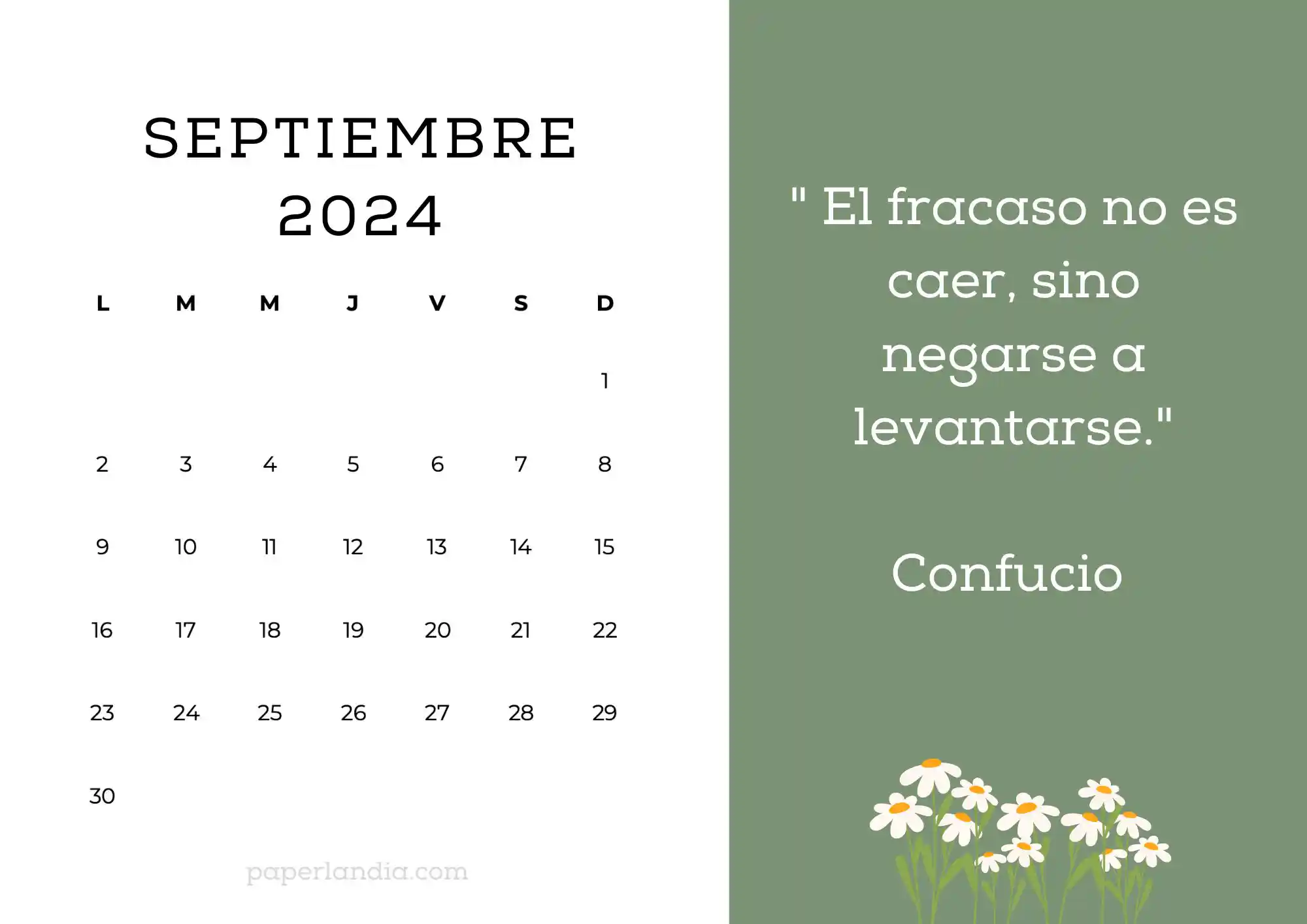 Calendario septiembre 2024 horizontal motivacional fondo verde con margaritas