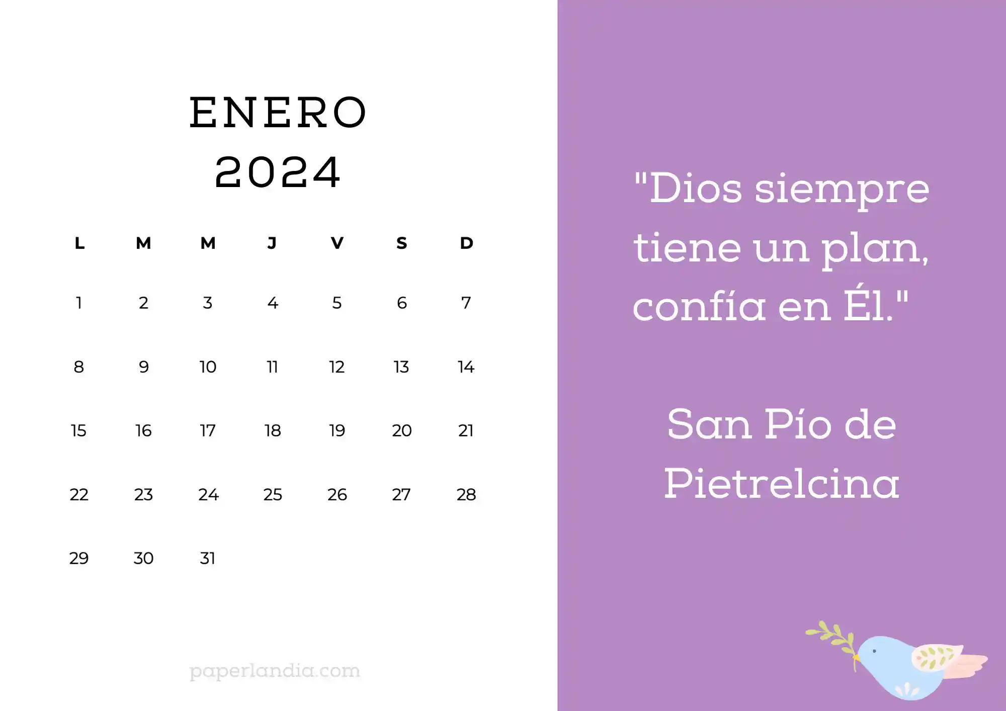 Calendario enero 2024 horizontal motivacional religioso fondo rosa con pajarito