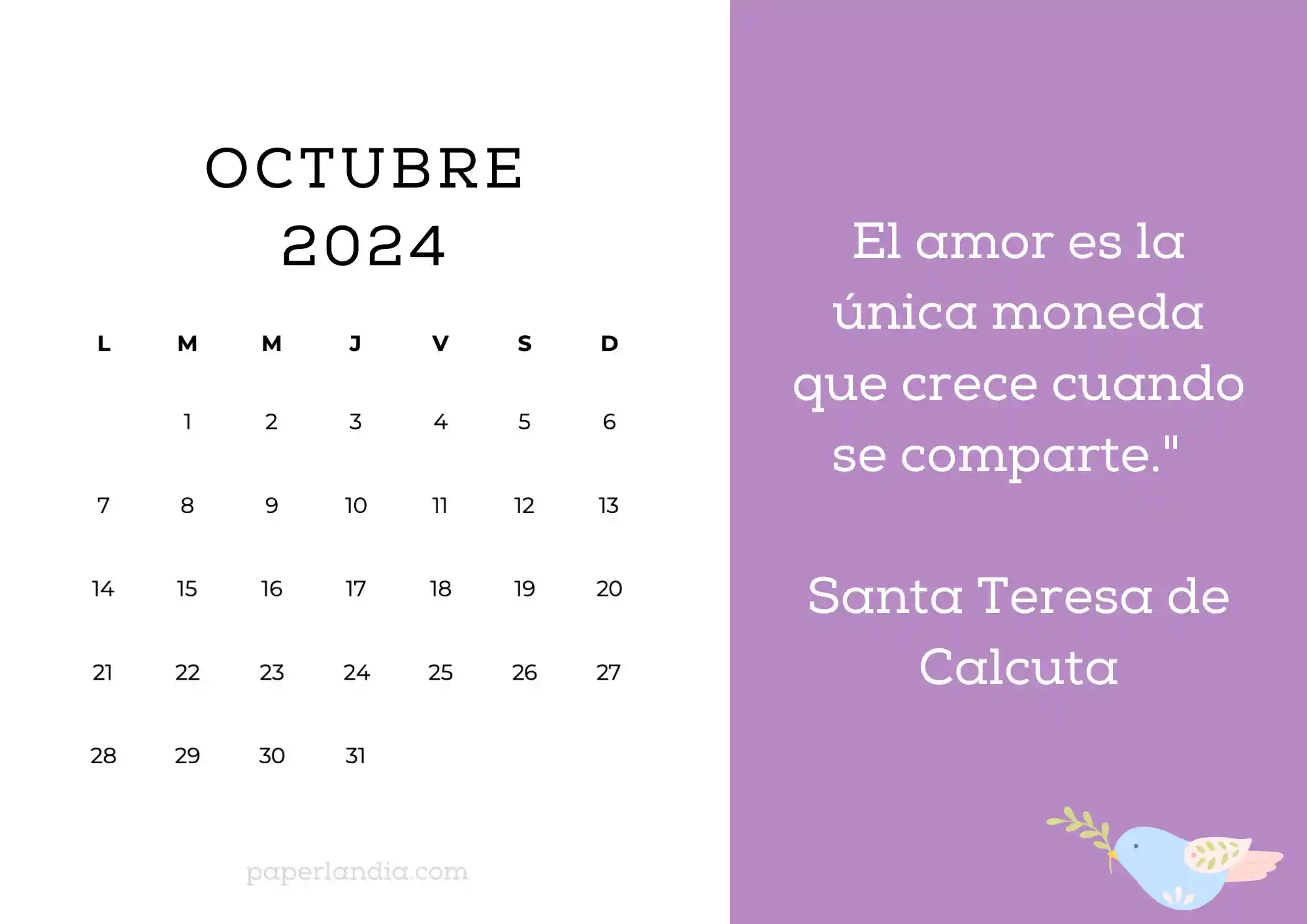 Calendario octubre 2024 horizontal motivacional religioso fondo rosa con pajarito