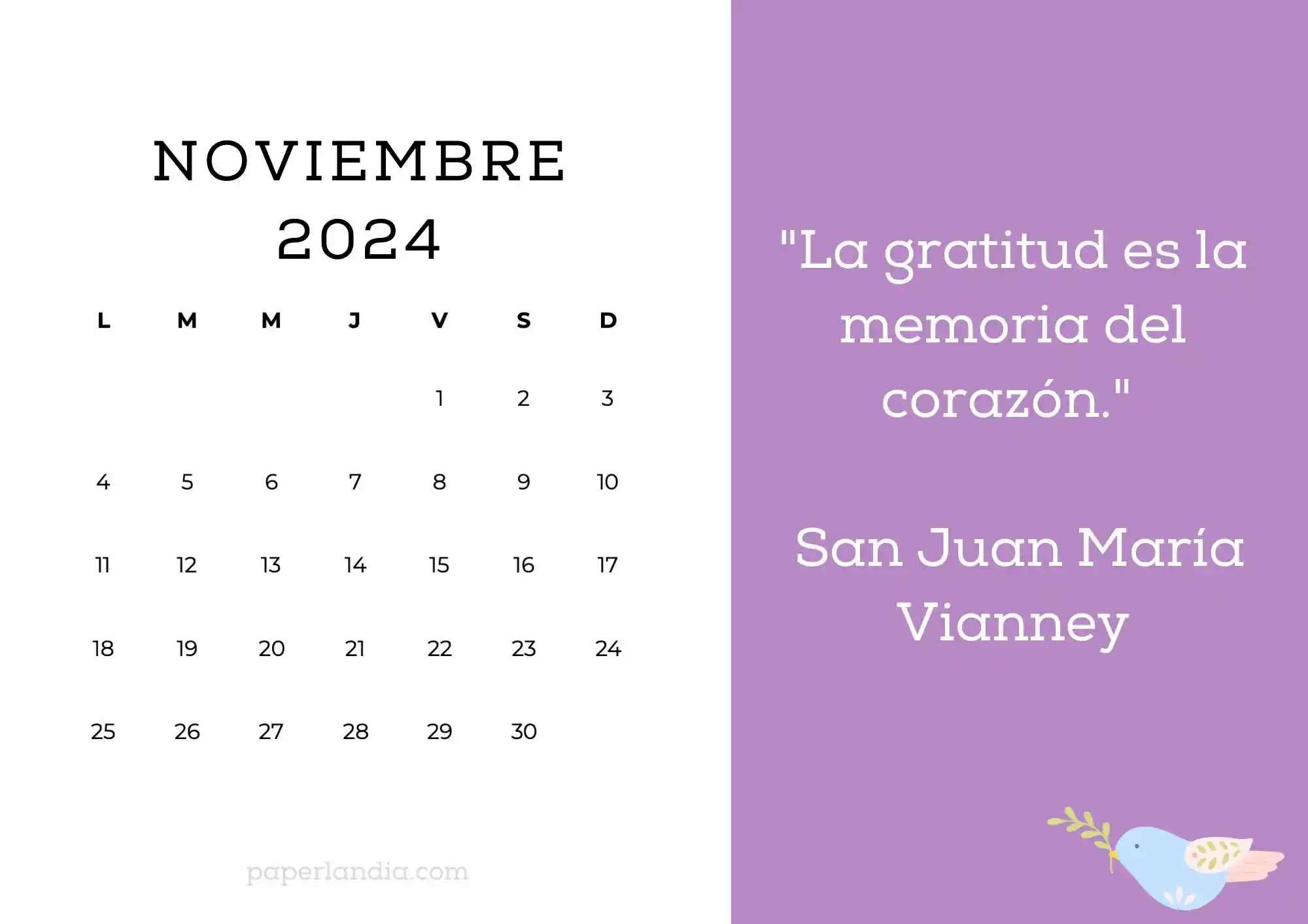 Calendario noviembre 2024 horizontal motivacional religioso fondo rosa con pajarito