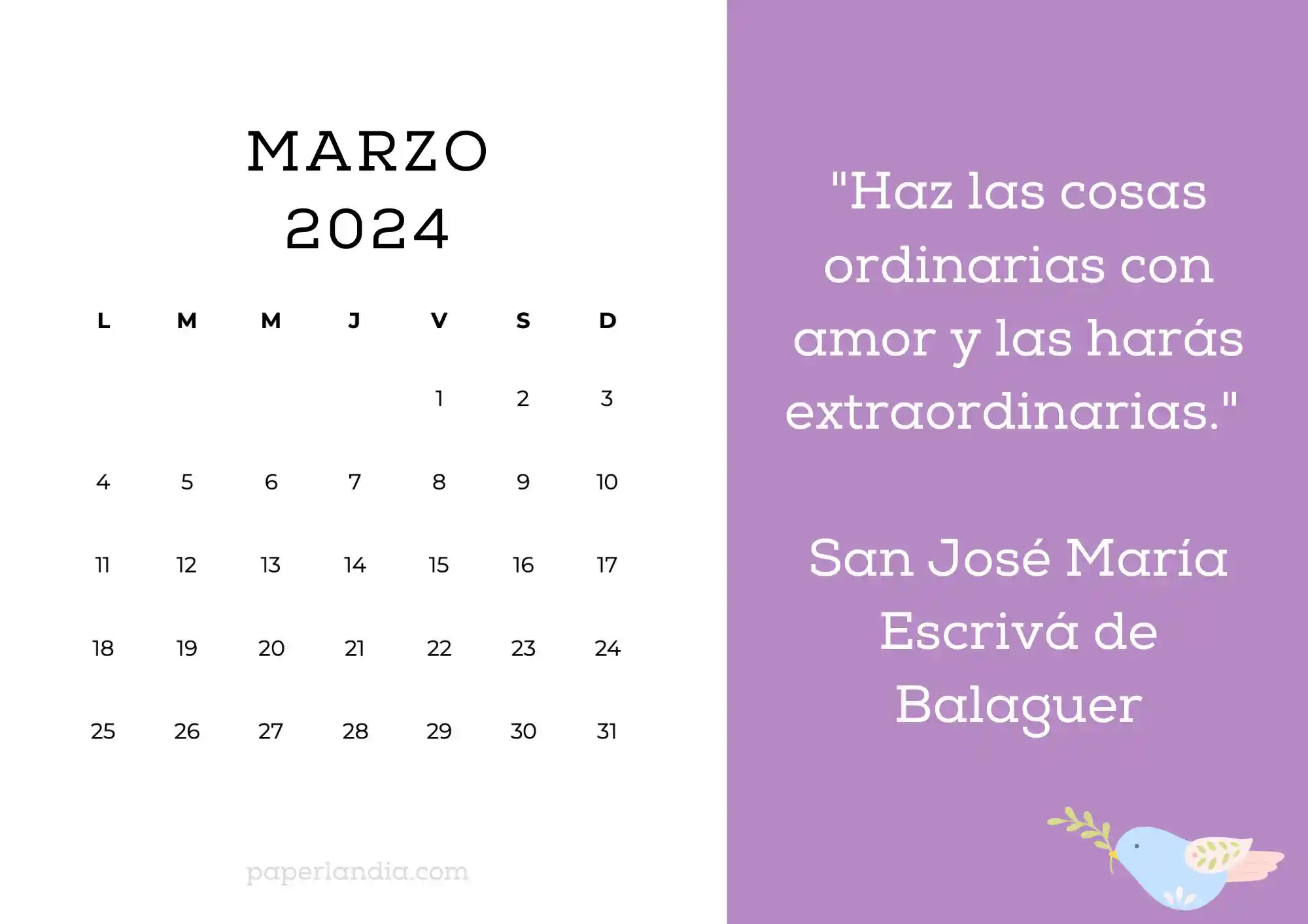 Calendario marzo 2024 horizontal motivacional religioso fondo rosa con pajarito