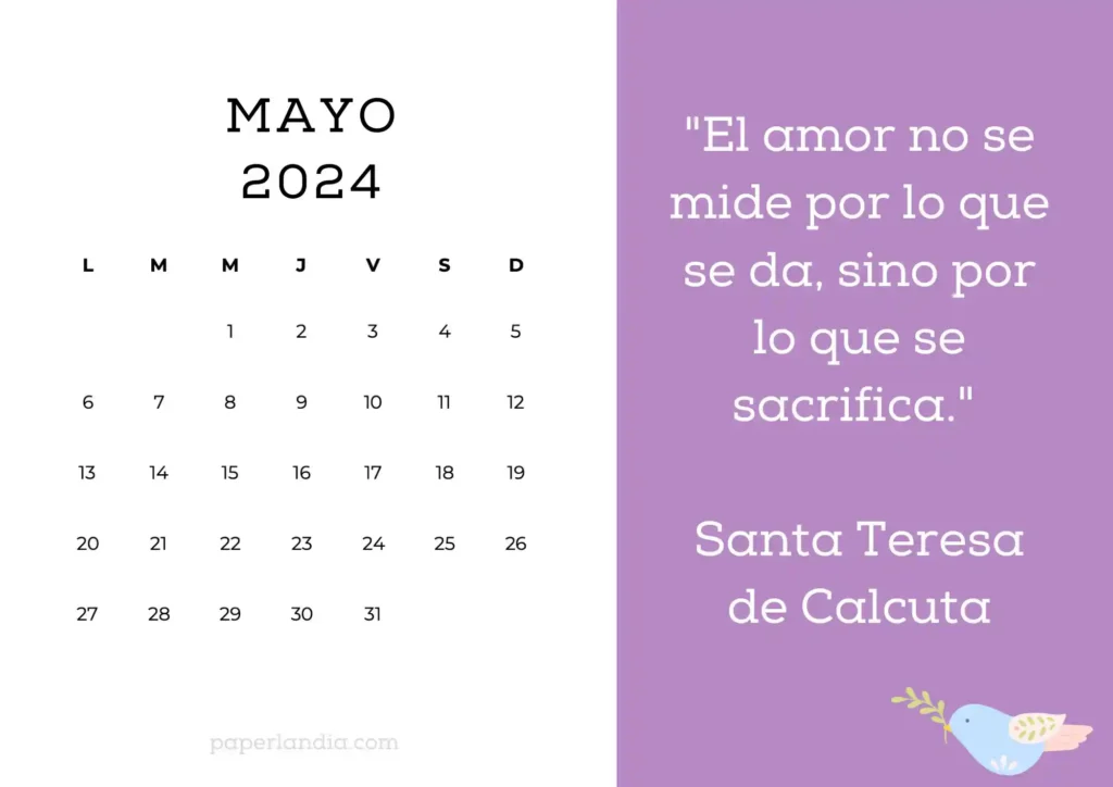 Calendario 2024 horizontal motivacional religioso (fondo rosa con pajarito, mes 1)