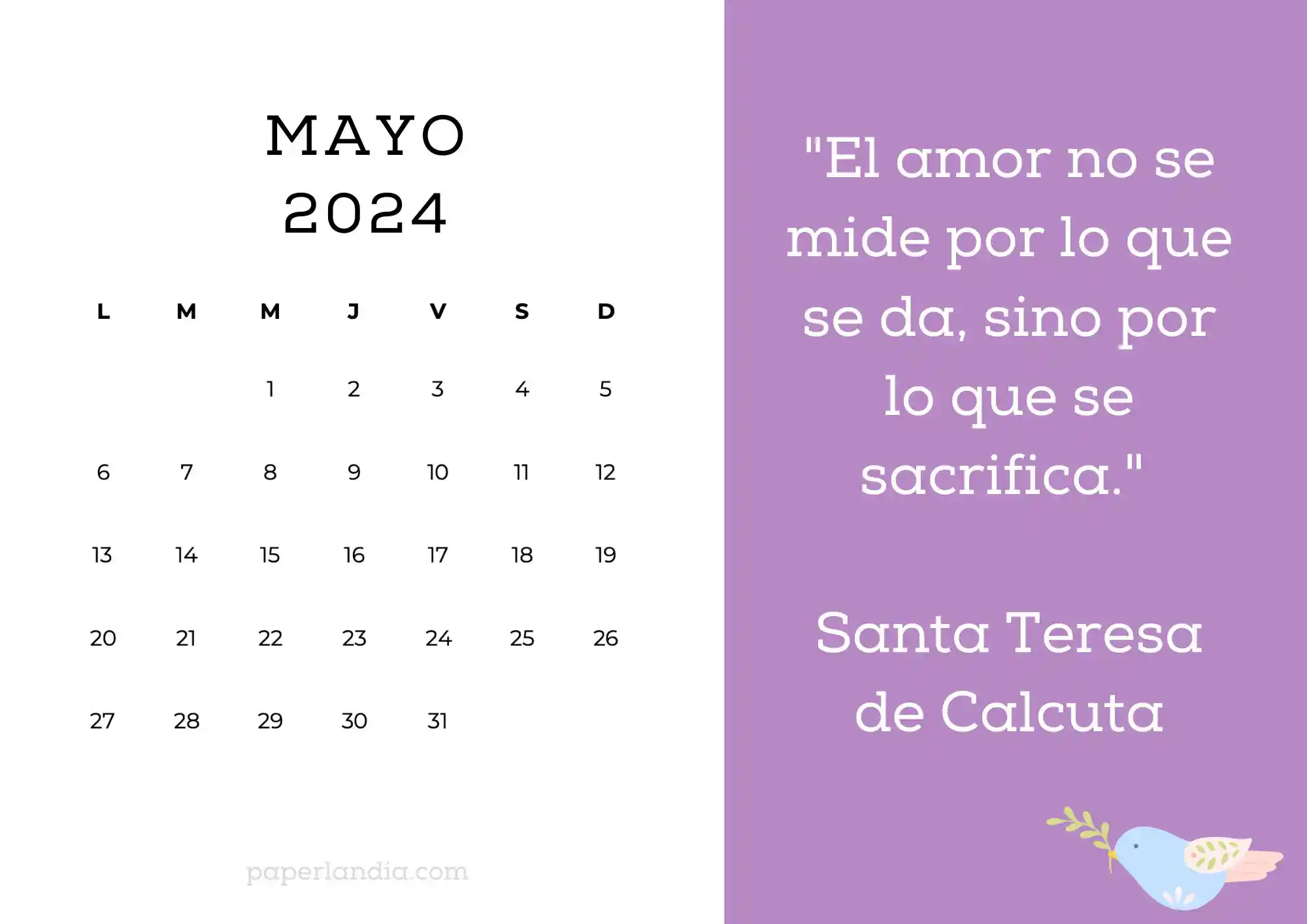 Calendario mayo 2024 horizontal motivacional religioso fondo rosa con pajarito