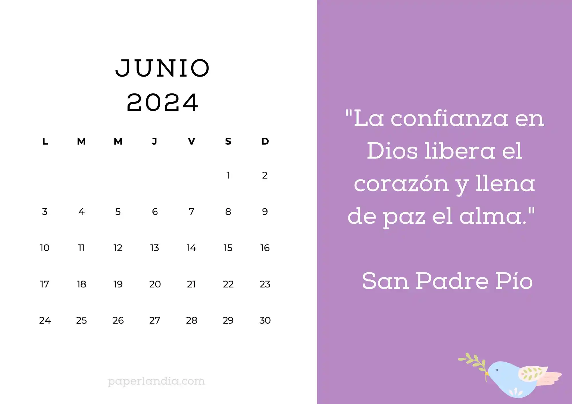 Calendario junio 2024 horizontal motivacional religioso fondo rosa con pajarito