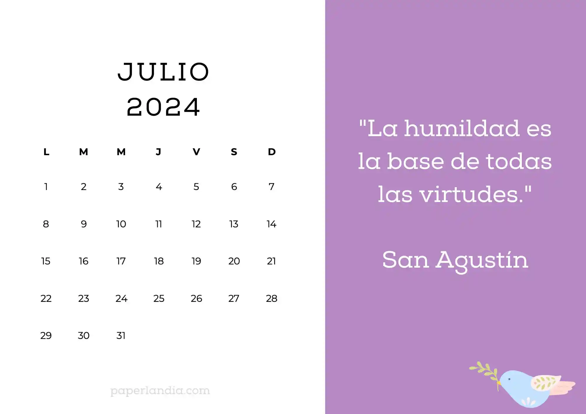 Calendario julio 2024 horizontal motivacional religioso fondo rosa con pajarito