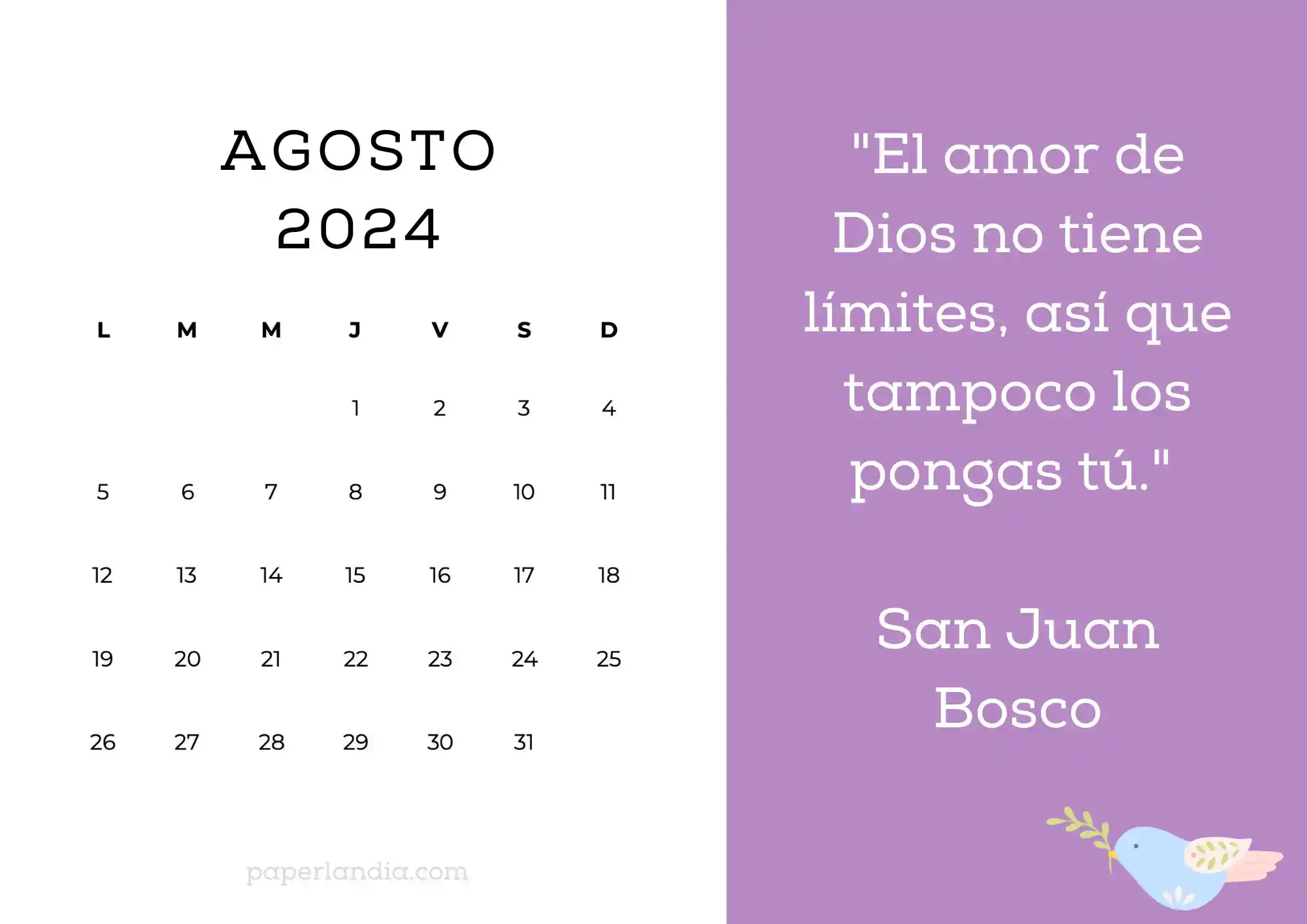 Calendario agosto 2024 horizontal motivacional religioso fondo rosa con pajarito