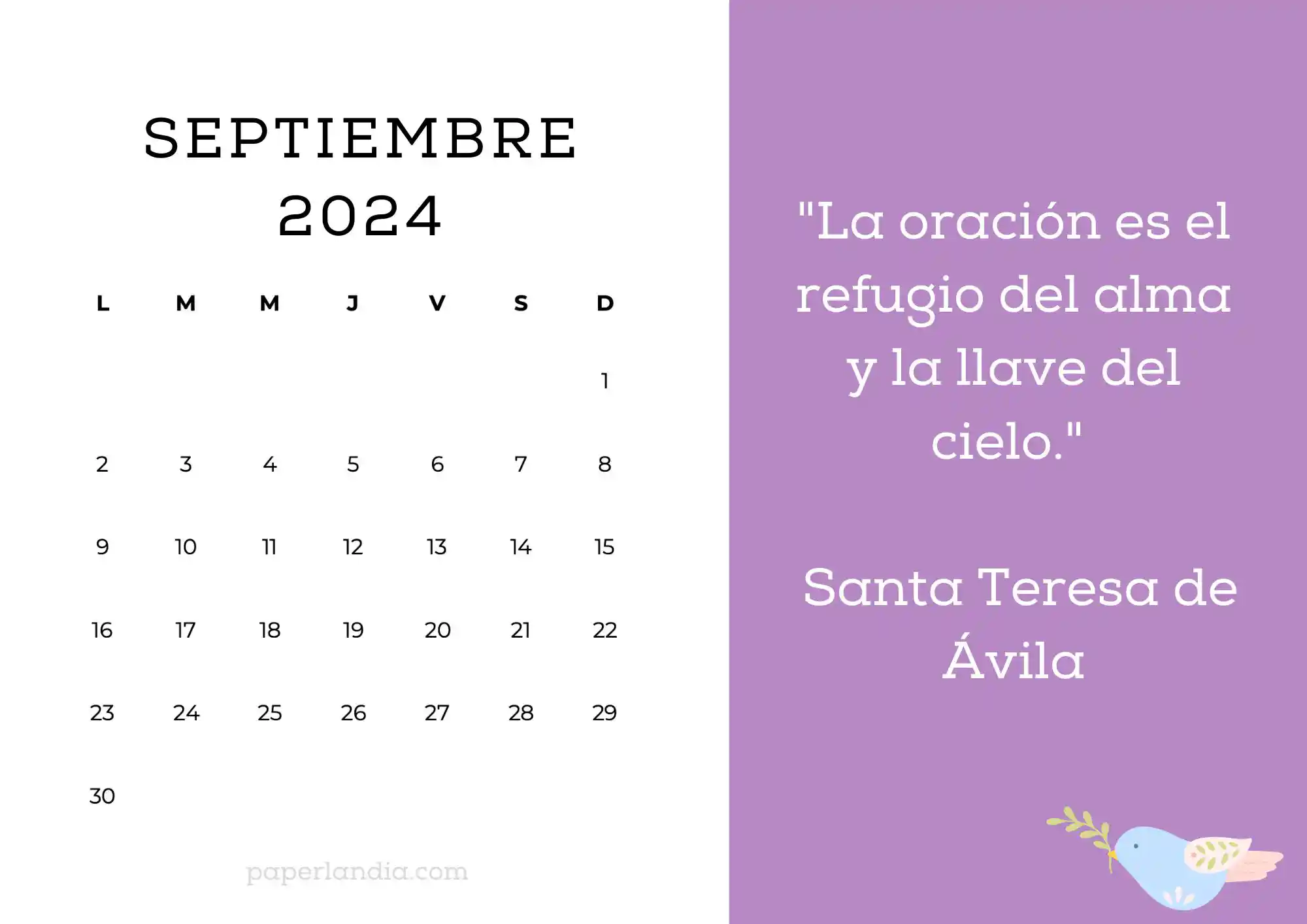 Calendario septiembre 2024 horizontal motivacional religioso fondo rosa con pajarito