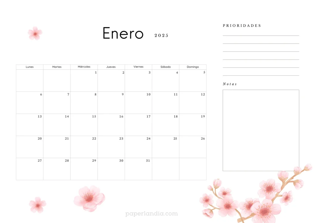 calendario enero 2025 con flores de cerezo, almanaque 2025 enero para descargar gratis