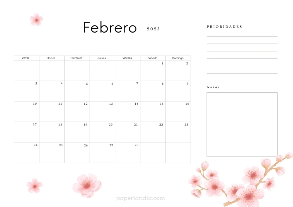 calendario febrero 2025 con flores de cerezo, almanaque 2025 febrero para descargar gratis