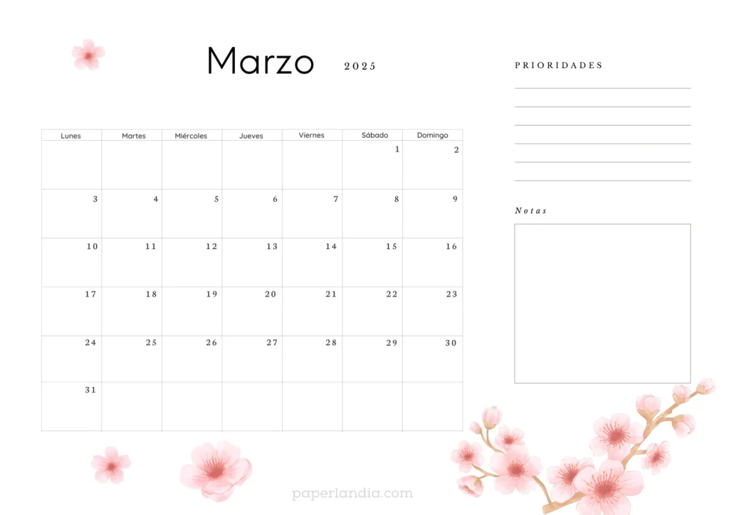 calendario marzo 2025 con flores de cerezo, almanaque 2025 marzo para descargar gratis