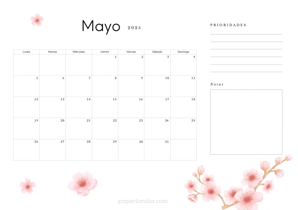 calendario mayo 2025 con flores de cerezo, almanaque 2025 mayo para descargar gratis
