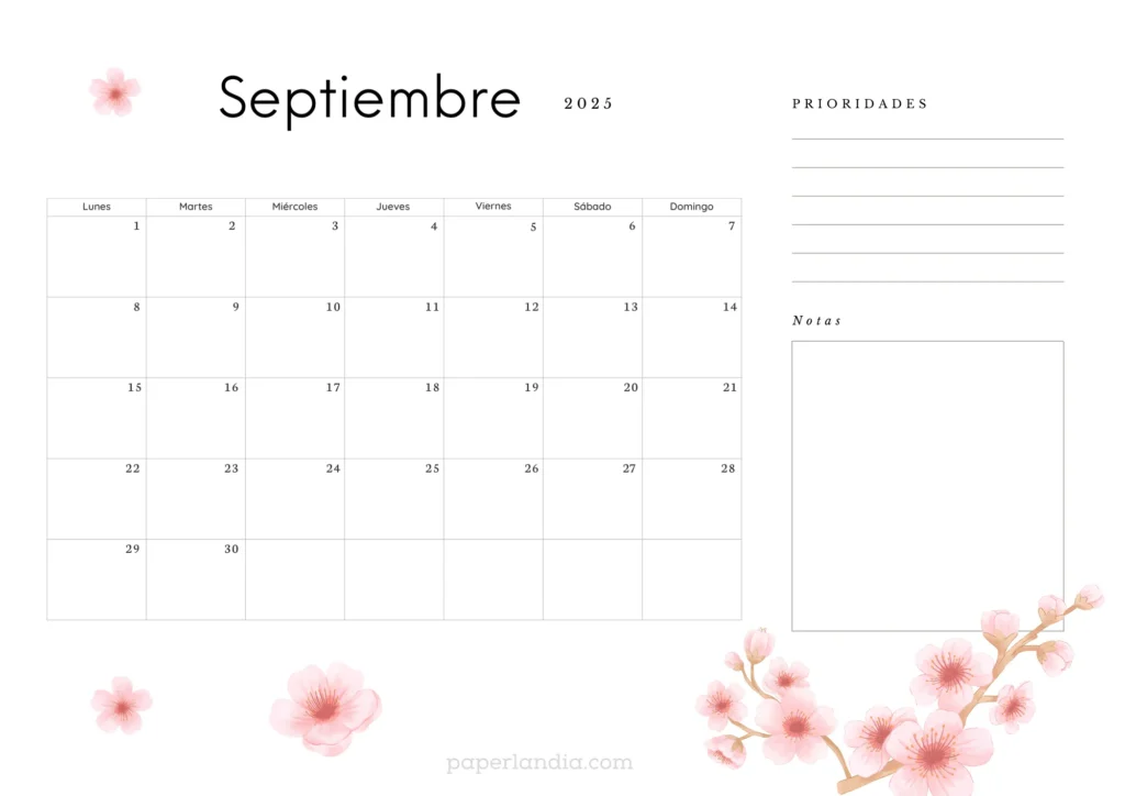 calendario septiembre 2025 con flores de cerezo, almanaque 2025 septiembre para descargar gratis