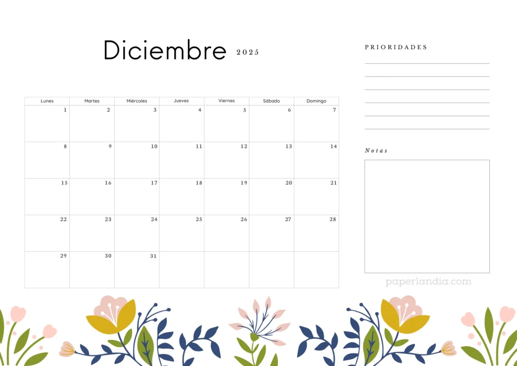 calendario 2025 diciembre con flores escandinavas, almanaque diciembre 2025 para descargar gratis pdf