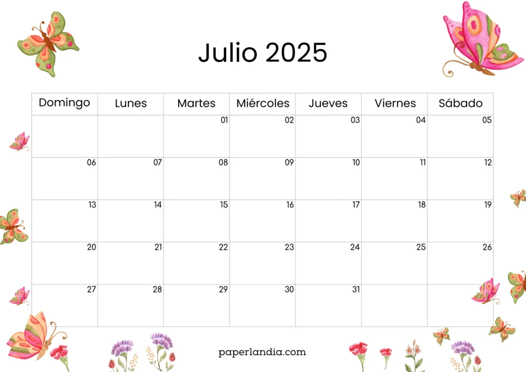 calendario julio 2025 inicio domingo para descargar gratis en pdf con mariposas