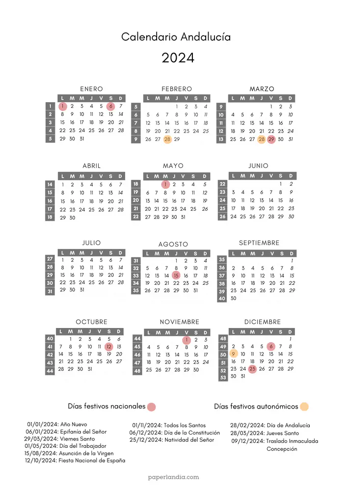 calendario laboral 2024 andalucia con semanas 
