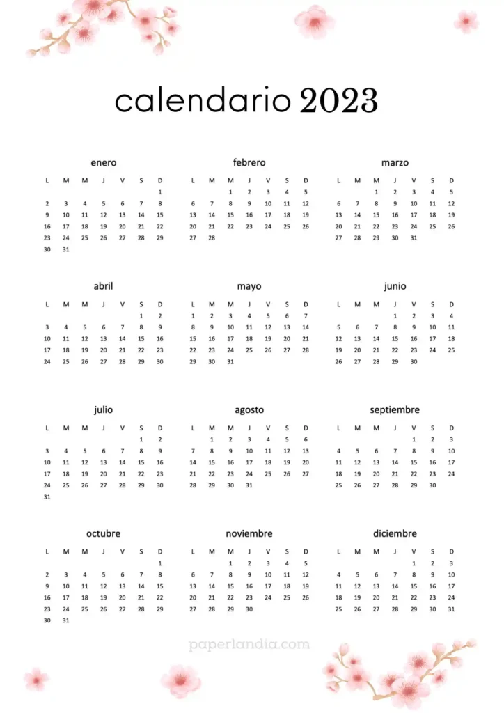 Calendario 2023 vertical anual con flores de cerezo