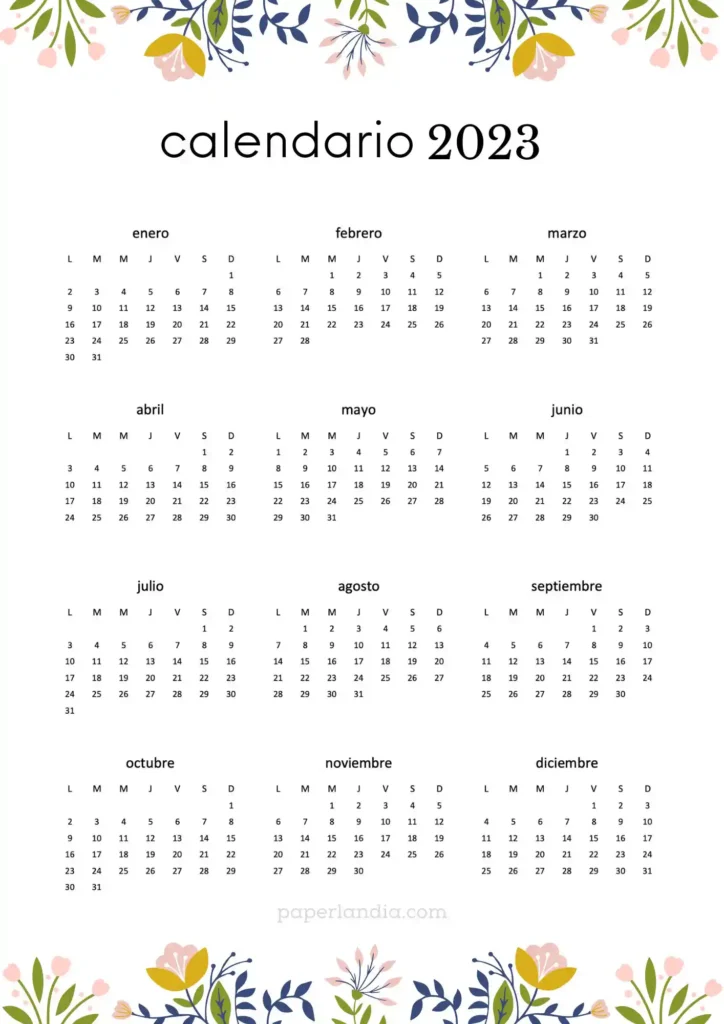 Calendario 2023 vertical anual con flores escandinavas