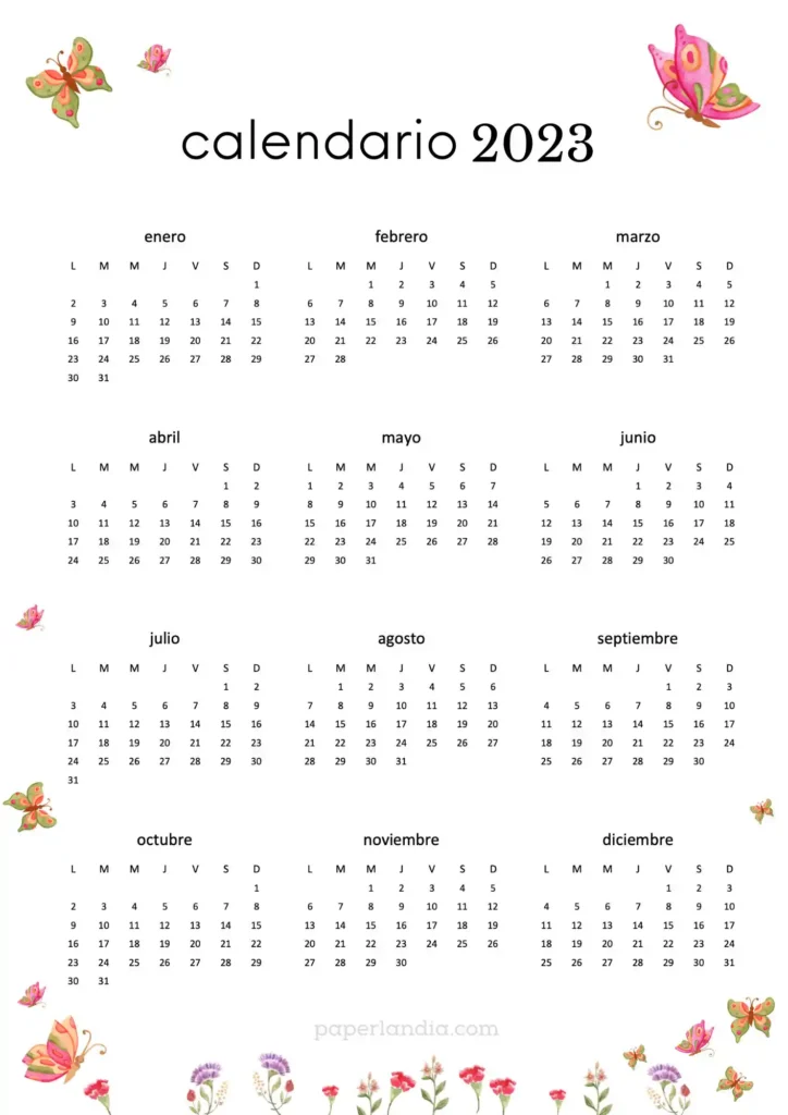Calendario 2023 vertical anual con mariposas