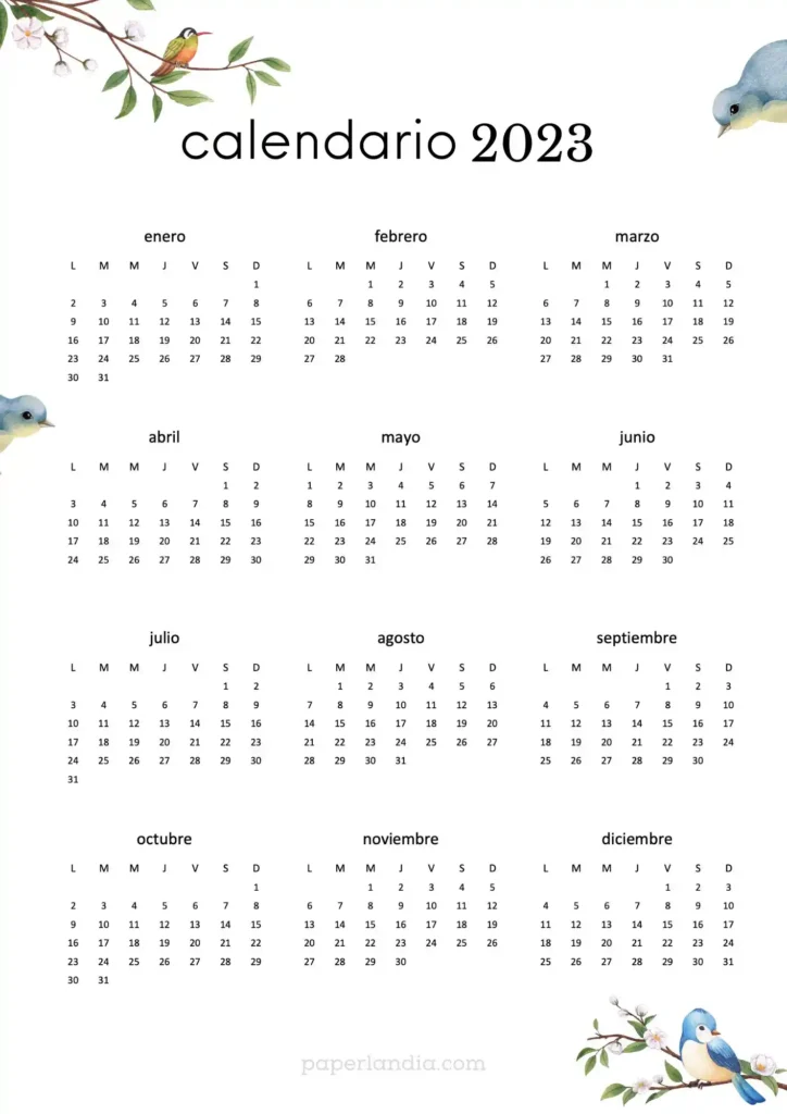 Calendario anual 2023 vertical con pajaritos