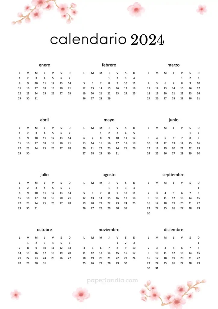 Calendario 2024 anual vertical con flores de cerezo